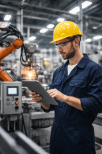 Técnico usando tableta en fábrica