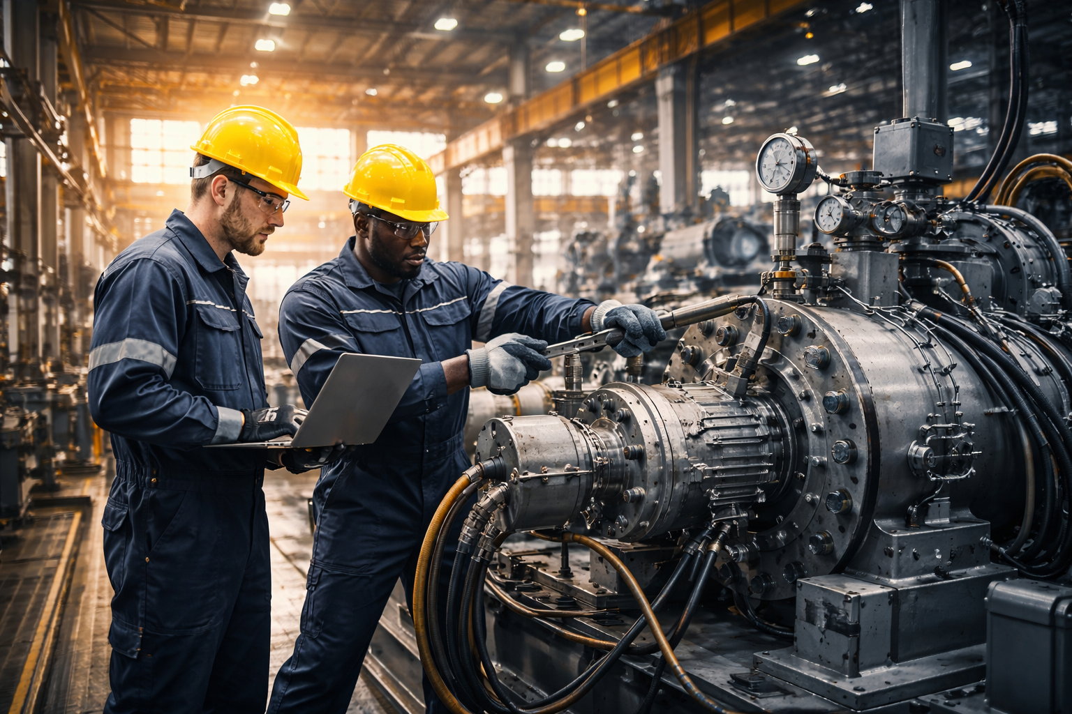 Trabajadores industriales manteniendo equipos en fábrica.