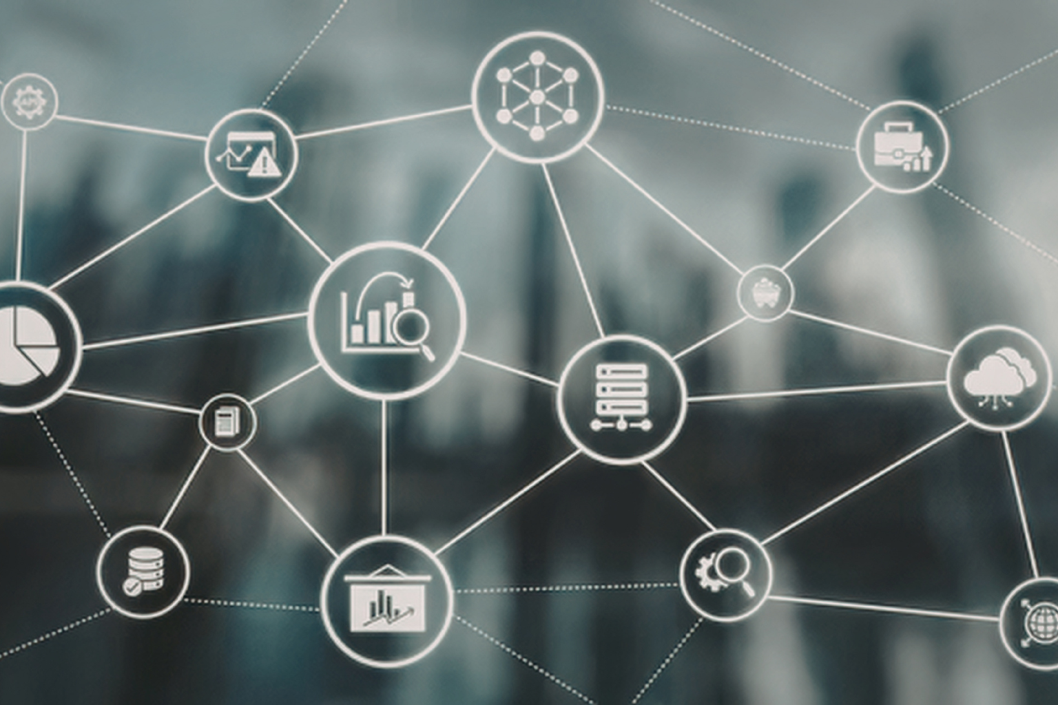 Abstract network diagram with interconnected circular icons representing data analytics, servers, cloud, and other IT elements on a blurred blue background.